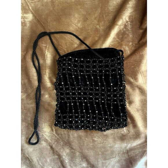 Black Beaded Drawstring Evening Bag Prom Formal 20s Flapper Accessory Purse READ - Picture 1 of 16